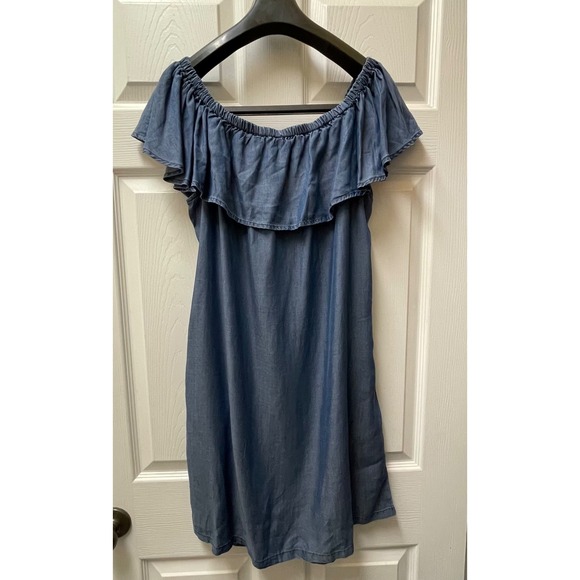 Tommy Bahama Women's M Chambray Tencel Off the Shoulder Ruffle Dress Pockets - Picture 4 of 8